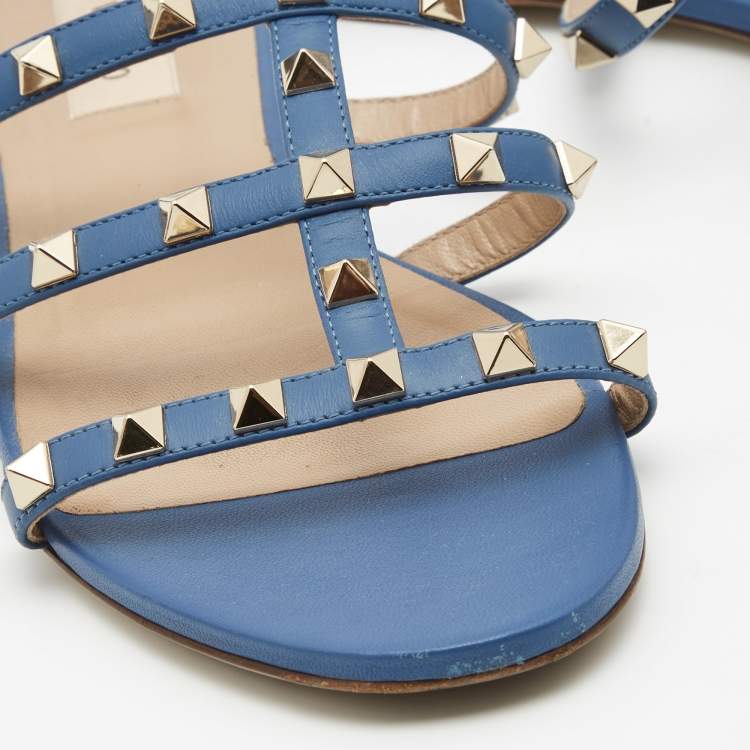 Pre Owned Valentino Navy Blue Leather Rockstud Strappy Flats Size 39