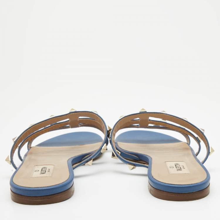 Pre Owned Valentino Navy Blue Leather Rockstud Strappy Flats Size 39