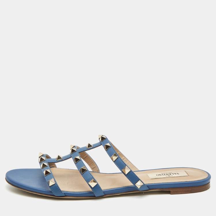 Pre Owned Valentino Navy Blue Leather Rockstud Strappy Flats Size 39