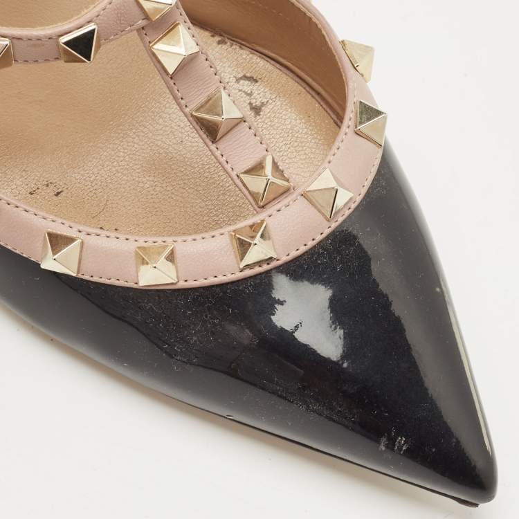 Pre Owned Valentino Black/Pink Patent and Leather Rockstud Caged Pumps Size 39.5