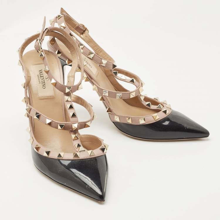 Pre Owned Valentino Black/Pink Patent and Leather Rockstud Caged Pumps Size 39.5