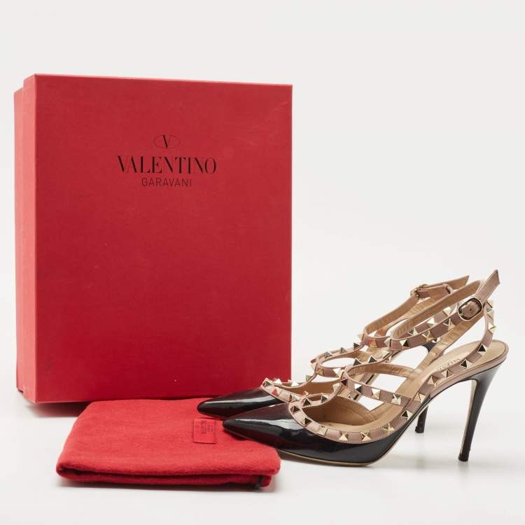 Pre Owned Valentino Black/Pink Patent and Leather Rockstud Caged Pumps Size 39.5