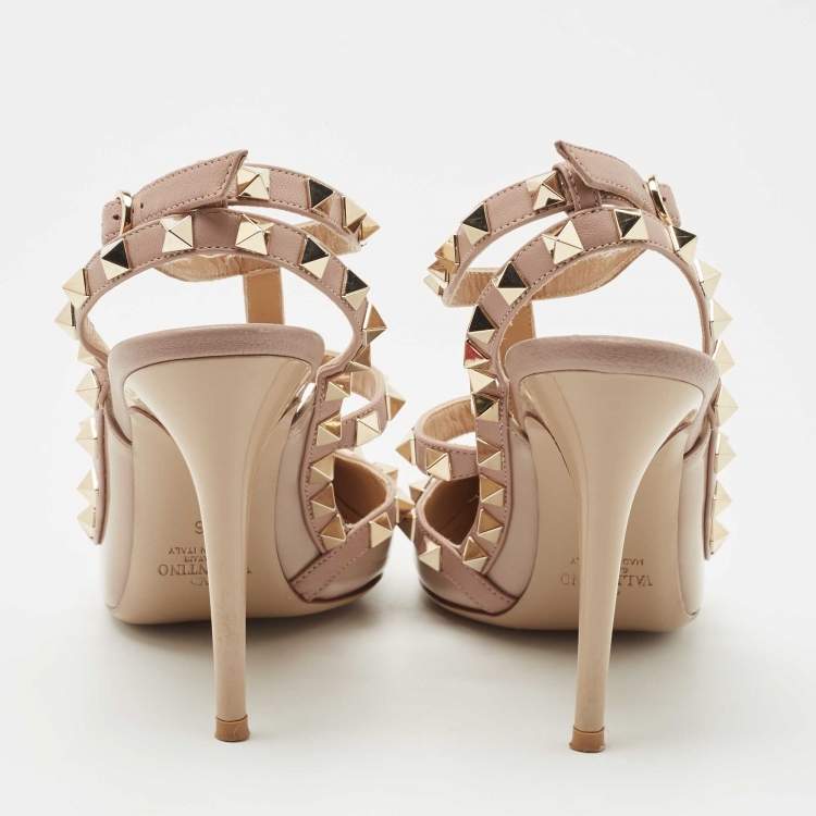 Pre Owned Valentino Beige Leather and Patent Rockstud Ankle Strap Pumps Size 36