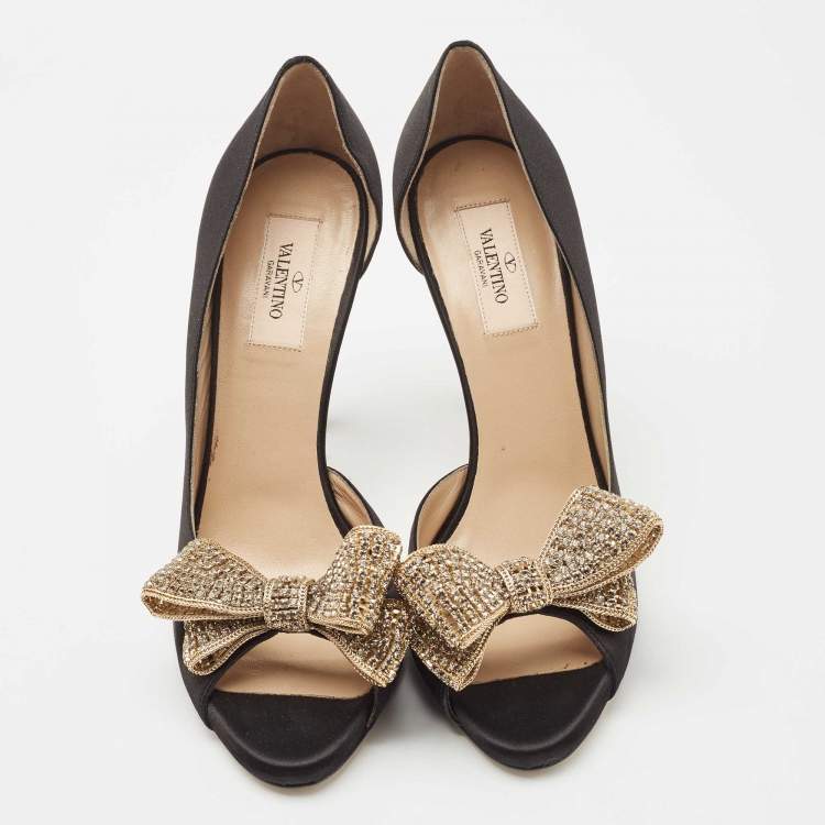 Pre Owned Valentino Black Satin Crystal Embellished Bow Peep Toe D'orsay Pumps Size 39