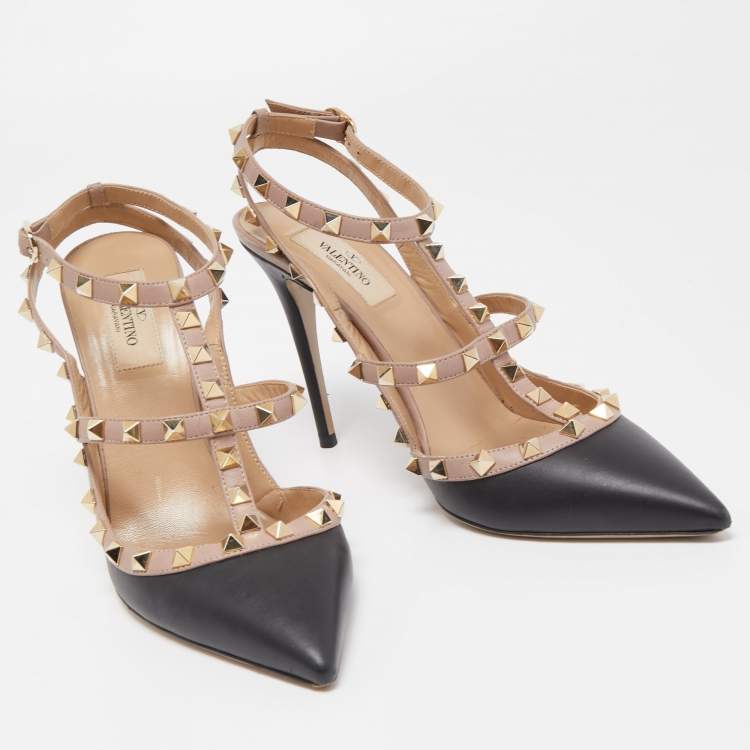 Pre Owned Valentino Black Leather Rockstud Ankle Strap Pumps Size 40