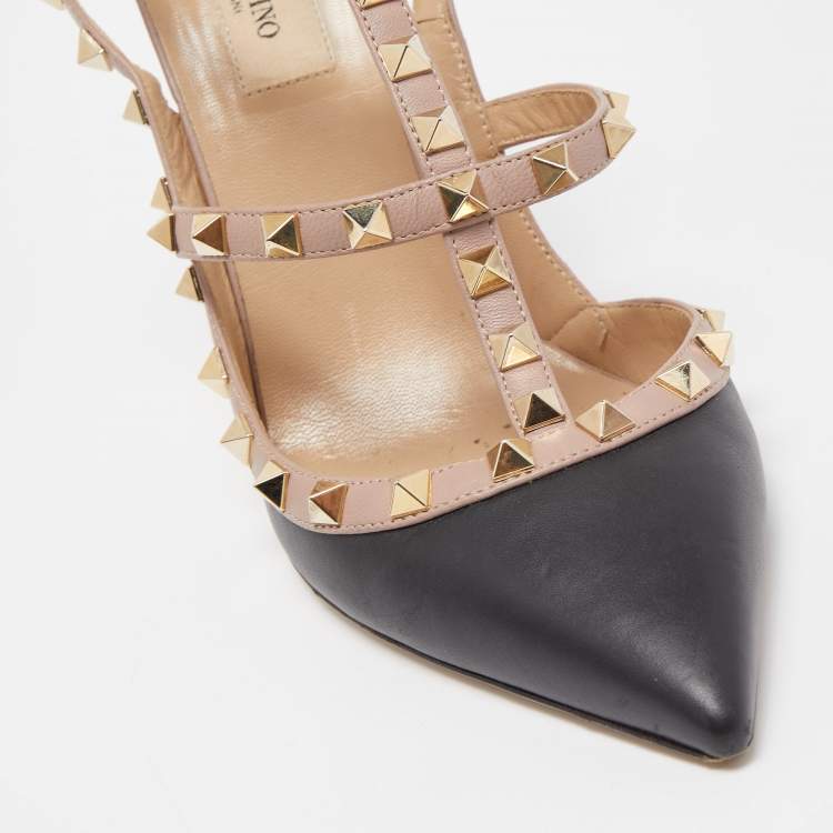 Pre Owned Valentino Black Leather Rockstud Ankle Strap Pumps Size 40