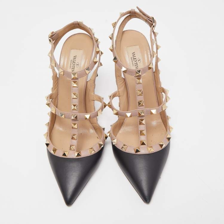 Pre Owned Valentino Black Leather Rockstud Ankle Strap Pumps Size 40