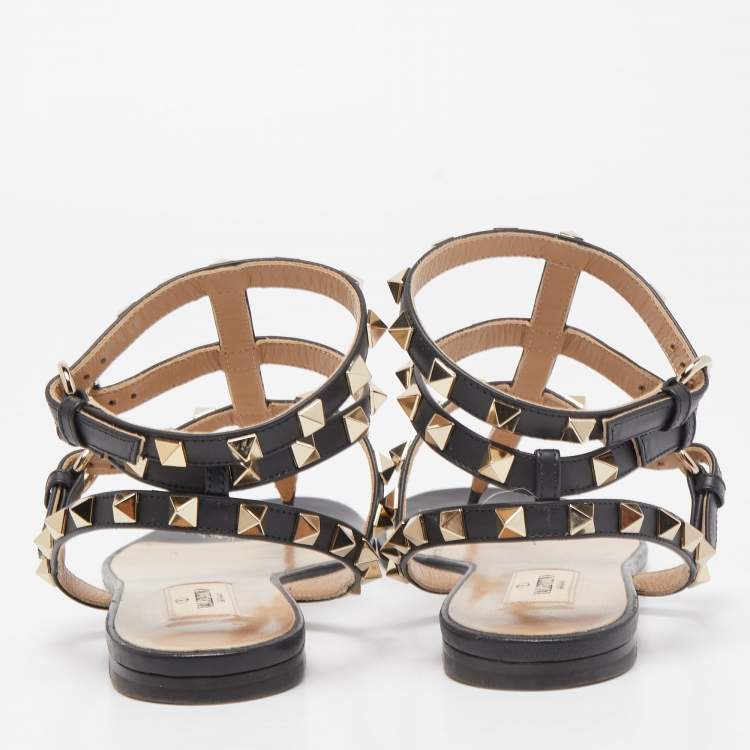 Pre Owned Valentino Black Leather Rockstud Ankle Strap Flats Size 37.5