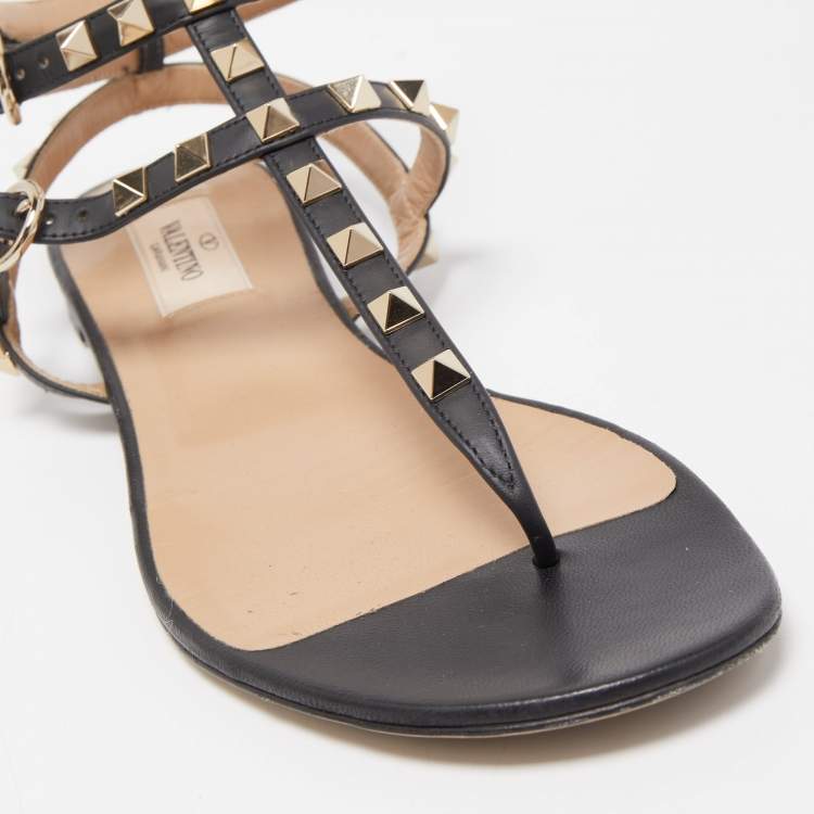Pre Owned Valentino Black Leather Rockstud Ankle Strap Flats Size 37.5