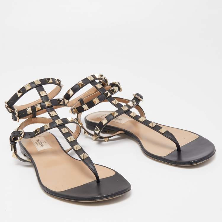 Pre Owned Valentino Black Leather Rockstud Ankle Strap Flats Size 37.5