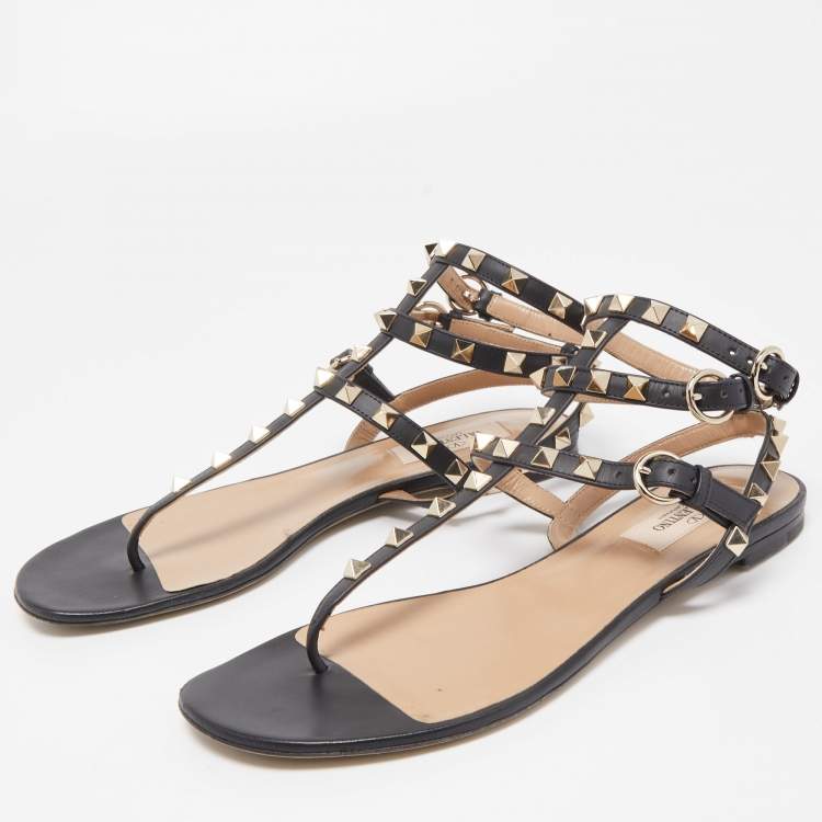 Pre Owned Valentino Black Leather Rockstud Ankle Strap Flats Size 37.5