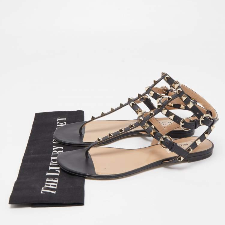 Pre Owned Valentino Black Leather Rockstud Ankle Strap Flats Size 37.5