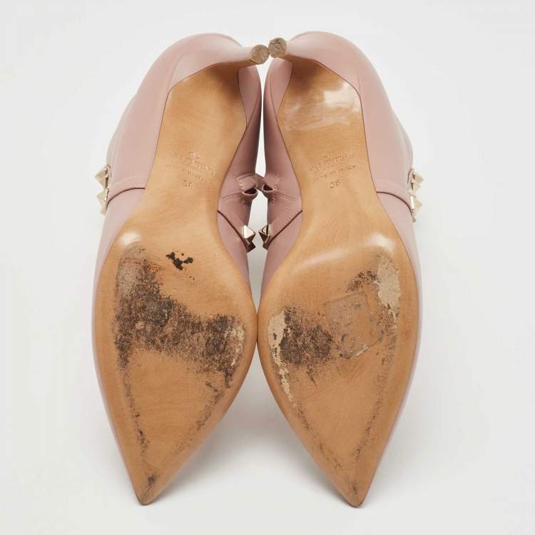 Pre Owned Valentino Pink Leather Rockstud Ankle Boots Size 38