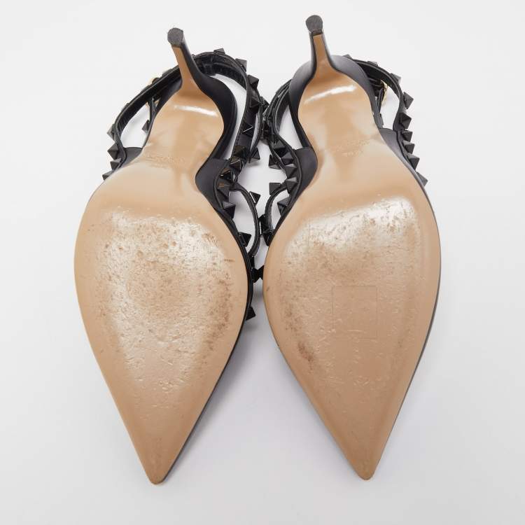 Pre Owned Valentino Black Leather Rockstud Ankle Strap Pumps Size 38.5