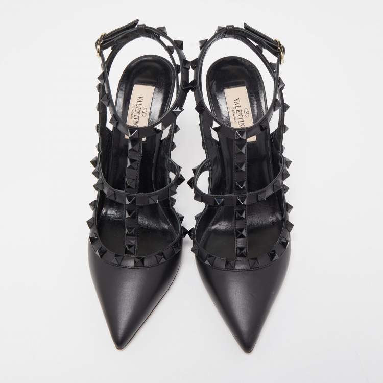 Pre Owned Valentino Black Leather Rockstud Ankle Strap Pumps Size 38.5