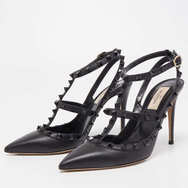 Pre Owned Valentino Black Leather Rockstud Ankle Strap Pumps Size 38.5