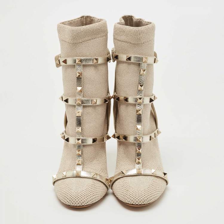 Pre Owned Valentino Silver Stretch Knit and Leather Rockstud Bodytech Ankle Boots Size 37