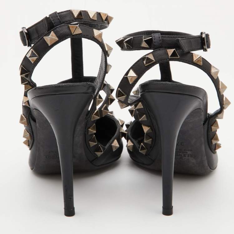 Pre Owned Valentino Black Leather Rockstud Ankle Strap Pumps Size 37