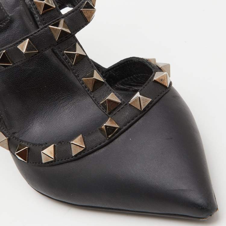 Pre Owned Valentino Black Leather Rockstud Ankle Strap Pumps Size 37
