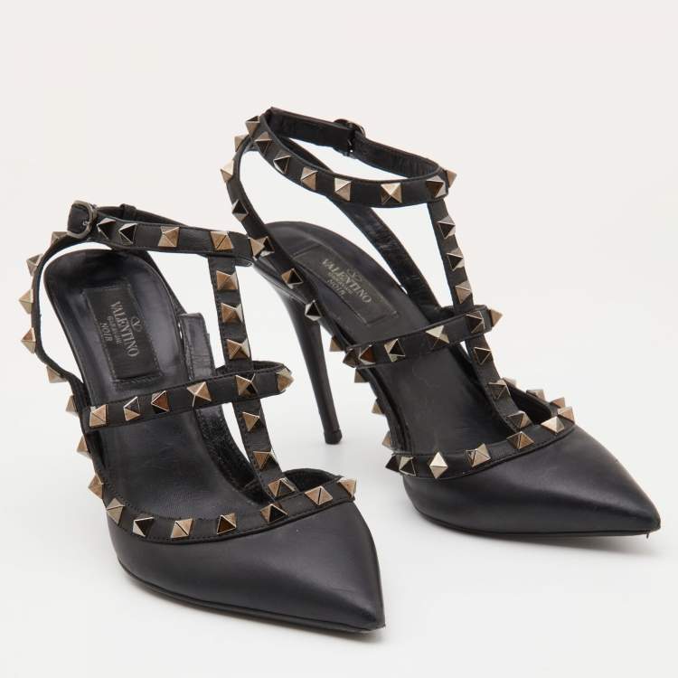 Pre Owned Valentino Black Leather Rockstud Ankle Strap Pumps Size 37