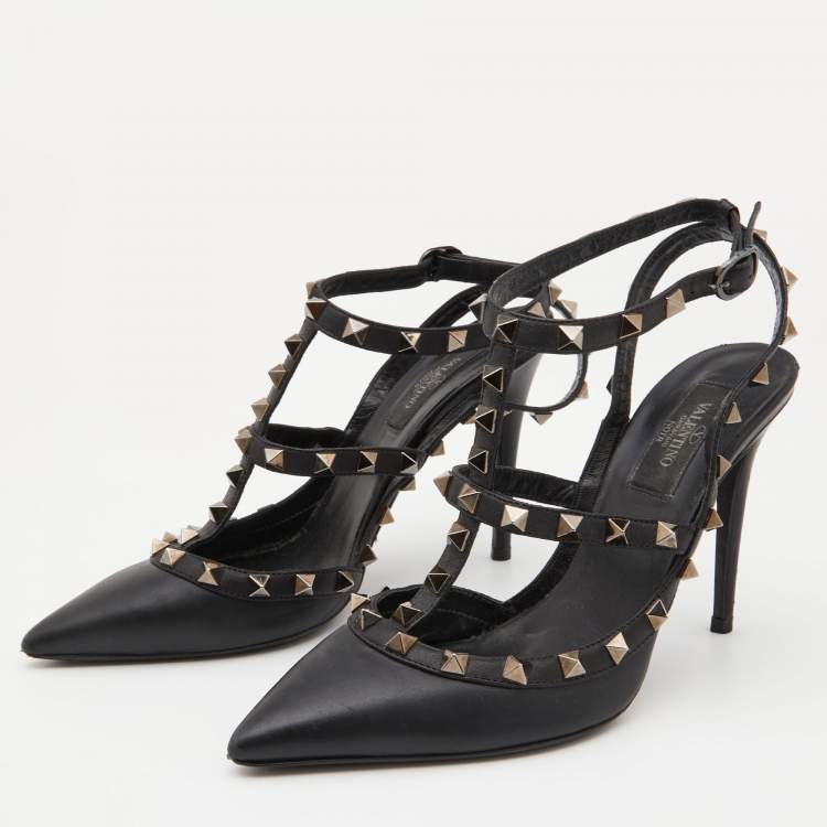 Pre Owned Valentino Black Leather Rockstud Ankle Strap Pumps Size 37