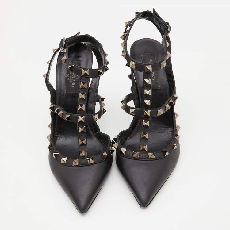 Pre Owned Valentino Black Leather Rockstud Ankle Strap Pumps Size 37