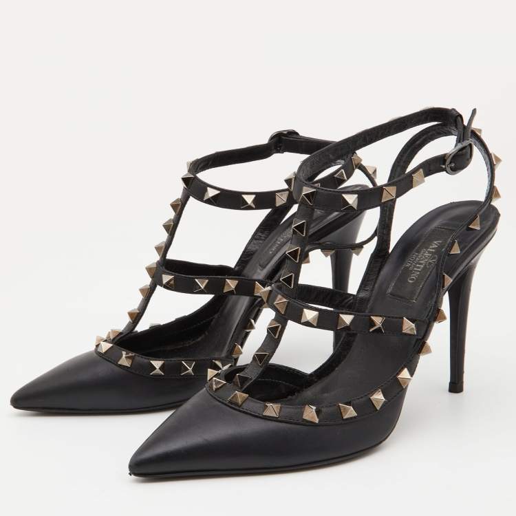 Pre Owned Valentino Black Leather Rockstud Ankle Strap Pumps Size 37