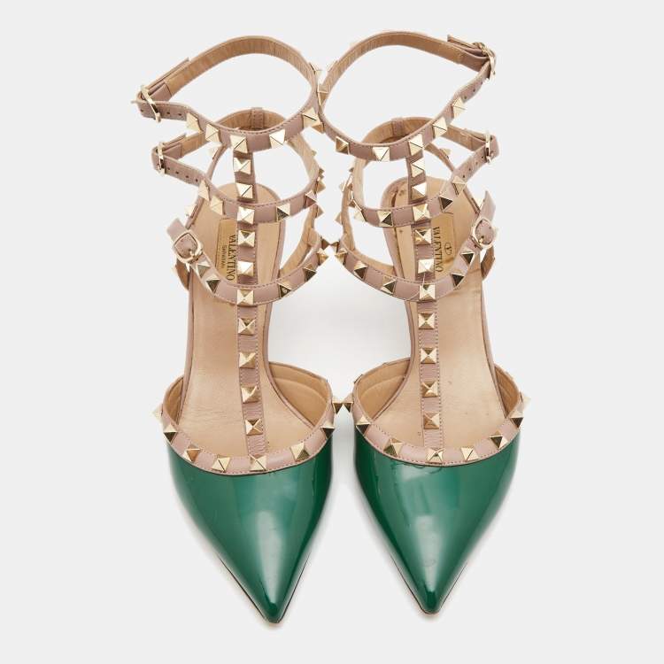 Pre Owned Valentino Green/Beige Patent and Leather Rockstud Pumps Size 39