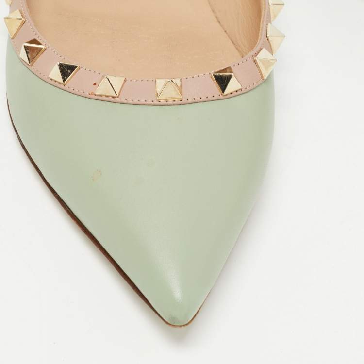 Pre Owned Valentino Light Green Leather Rockstud Ballet Flats Size 38.5