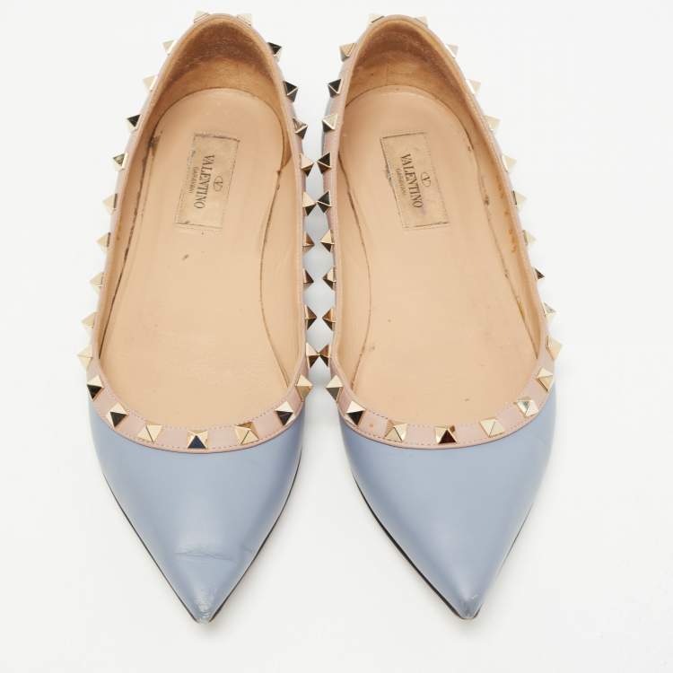 Pre Owned Valentino Blue Leather Rockstud Ballet Flats Size 38.5
