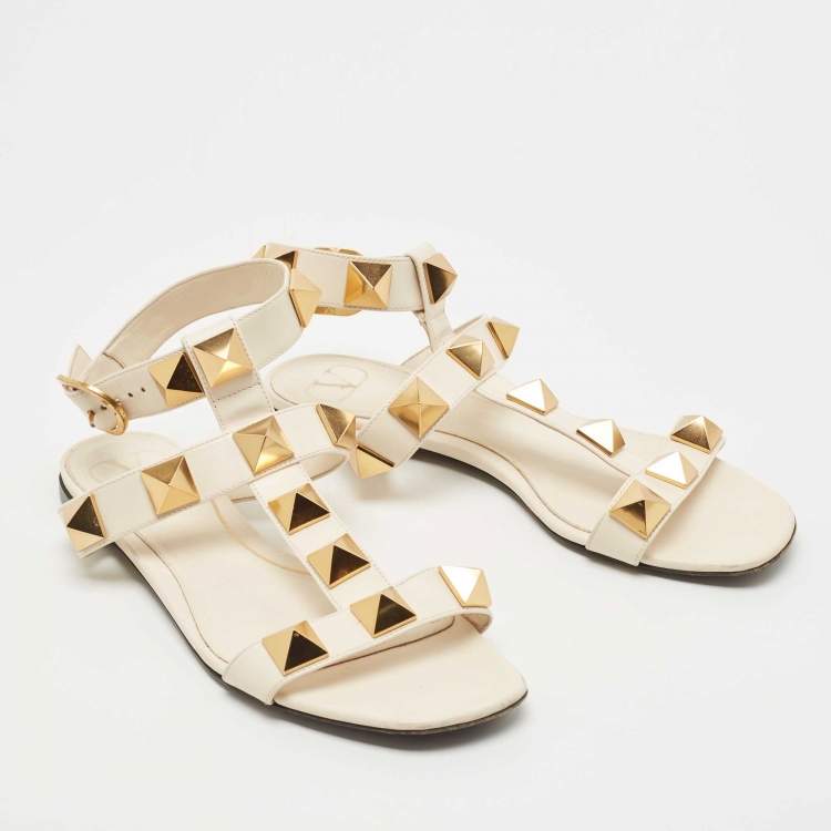 Pre Owned Valentino Cream Leather Roman Stud Ankle Strap Flats Sandals Size 38.5