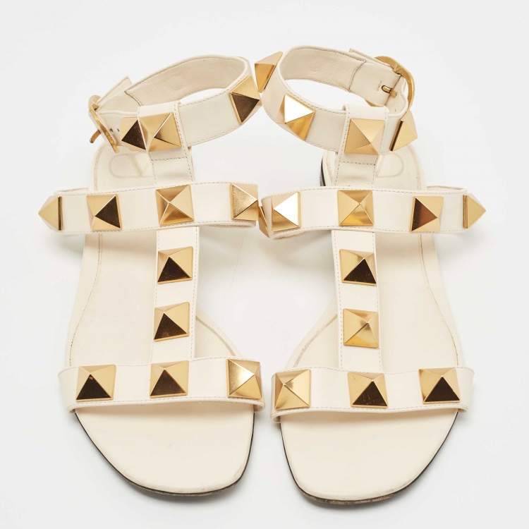 Pre Owned Valentino Cream Leather Roman Stud Ankle Strap Flats Sandals Size 38.5