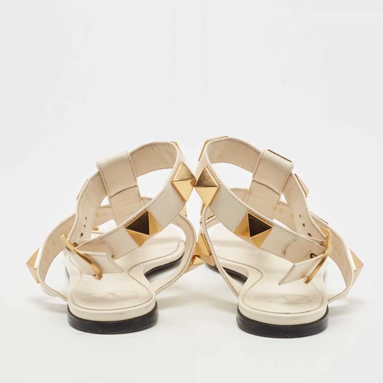 Pre Owned Valentino Cream Leather Roman Stud Ankle Strap Flats Sandals Size 38.5