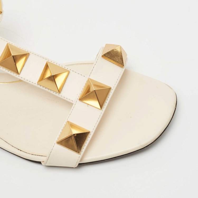 Pre Owned Valentino Cream Leather Roman Stud Ankle Strap Flats Sandals Size 38.5