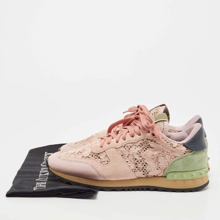 مملوكة مسبقًا Valentino Pink Leather and Lace  Rockrunner Sneakers Size 38