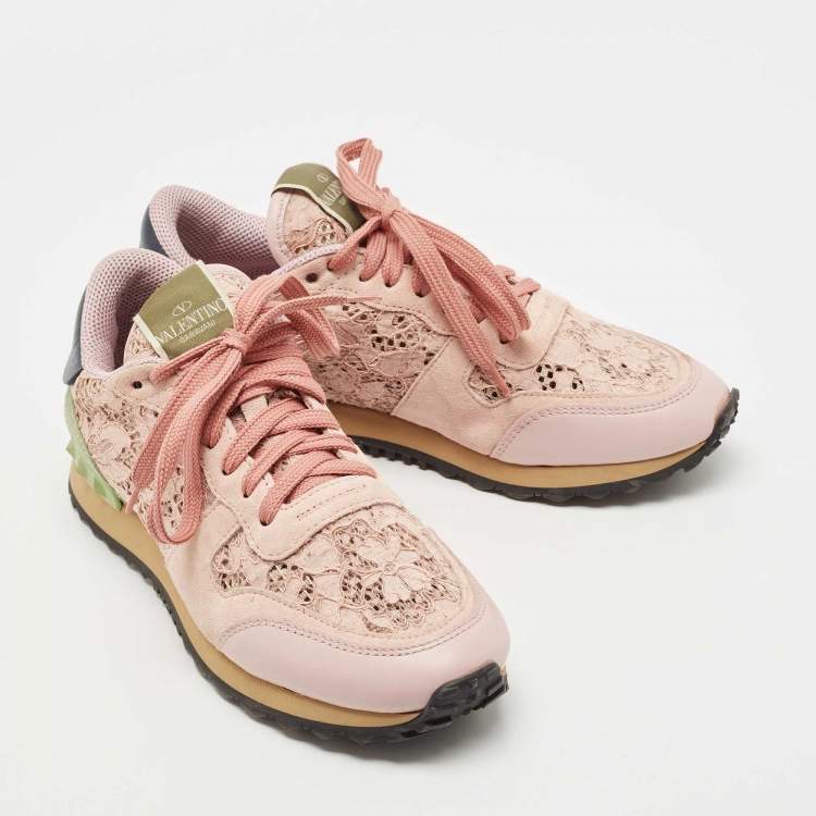 مملوكة مسبقًا Valentino Pink Leather and Lace  Rockrunner Sneakers Size 38