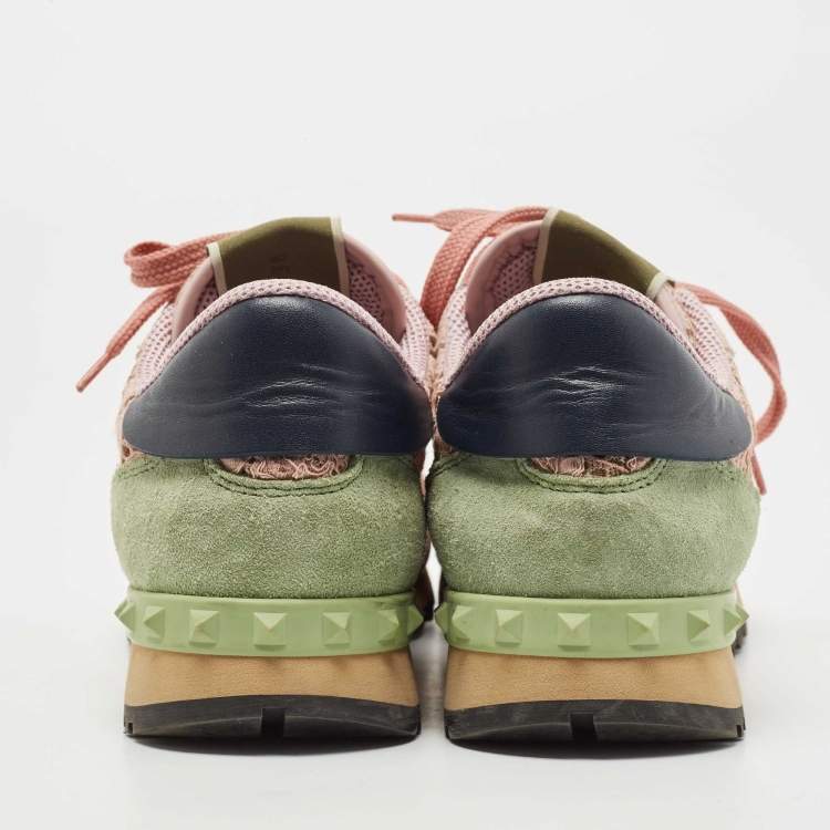 مملوكة مسبقًا Valentino Pink Leather and Lace  Rockrunner Sneakers Size 38