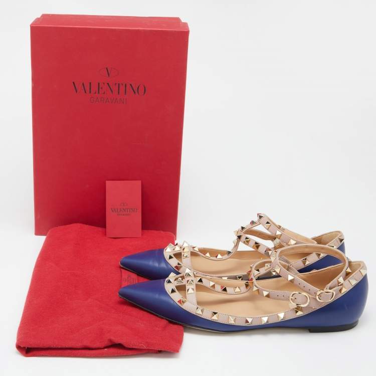 Pre Owned Valentino Blue/Beige Leather Rockstud T Strap Ballet Flats Size 39.5