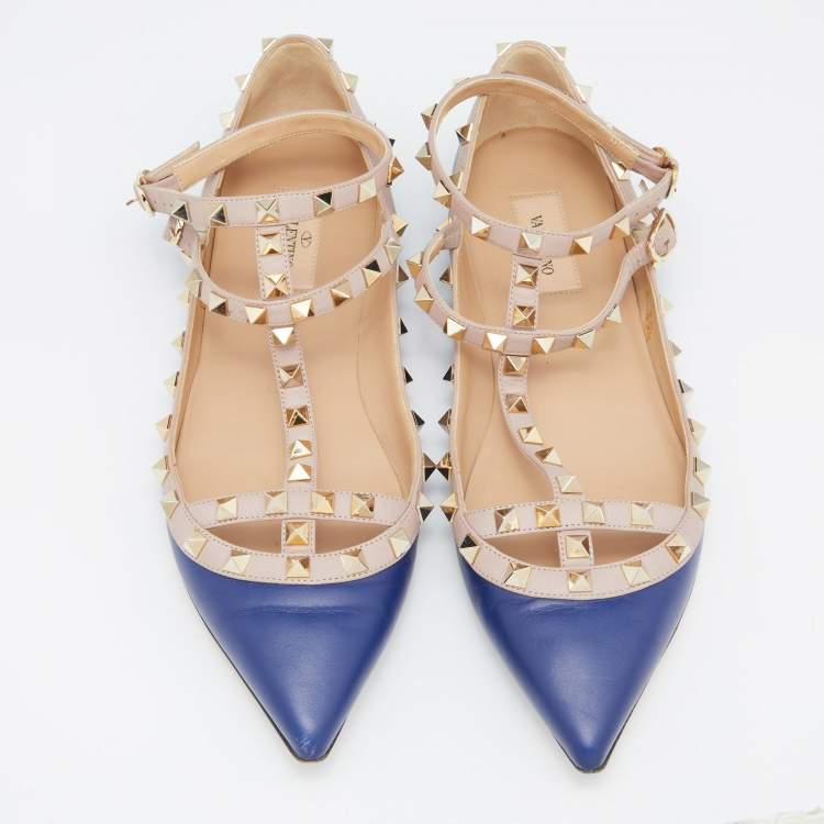 Pre Owned Valentino Blue/Beige Leather Rockstud T Strap Ballet Flats Size 39.5