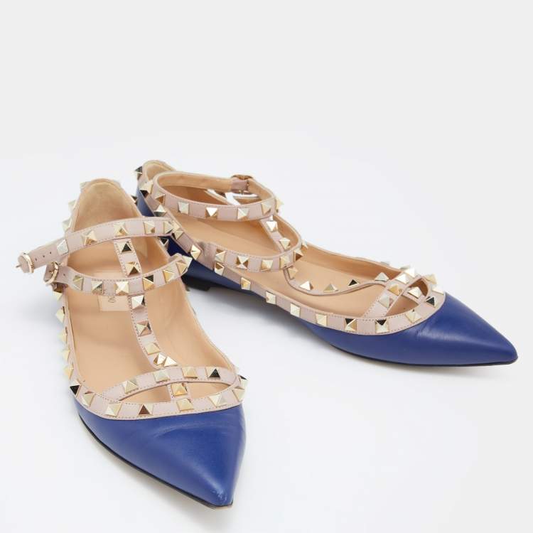 Pre Owned Valentino Blue/Beige Leather Rockstud T Strap Ballet Flats Size 39.5