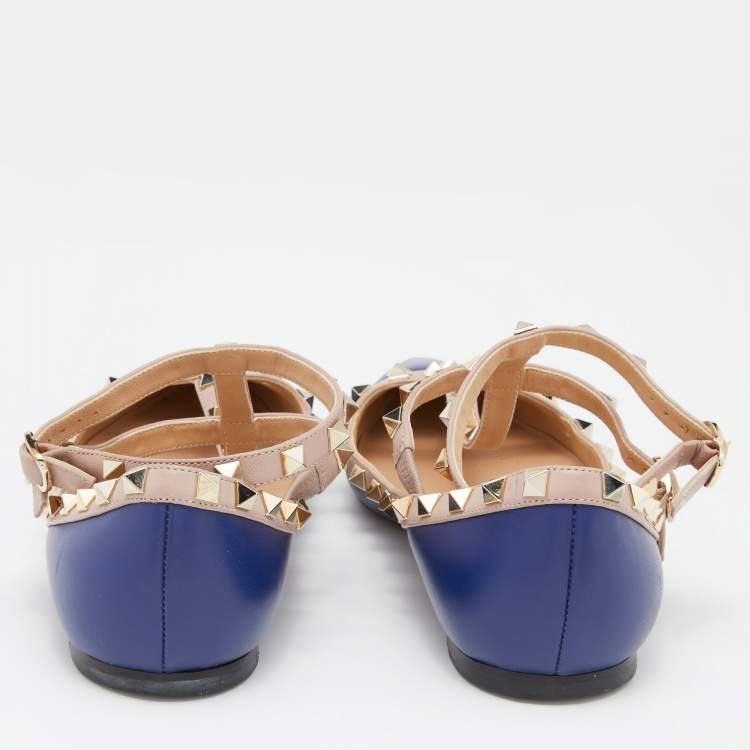 Pre Owned Valentino Blue/Beige Leather Rockstud T Strap Ballet Flats Size 39.5