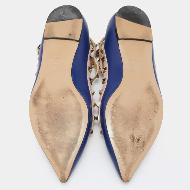 Pre Owned Valentino Blue/Beige Leather Rockstud T Strap Ballet Flats Size 39.5