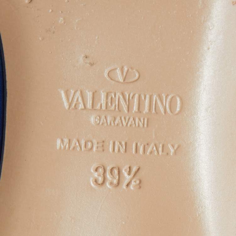 Pre Owned Valentino Blue/Beige Leather Rockstud T Strap Ballet Flats Size 39.5