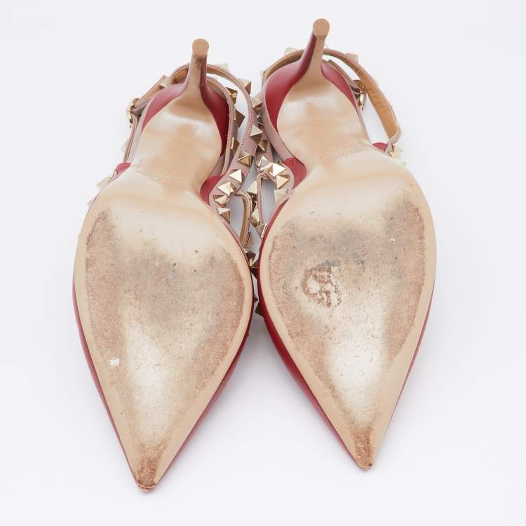 Pre Owned Valentino Red/Pink Leather Rockstud Pumps Size 38.5