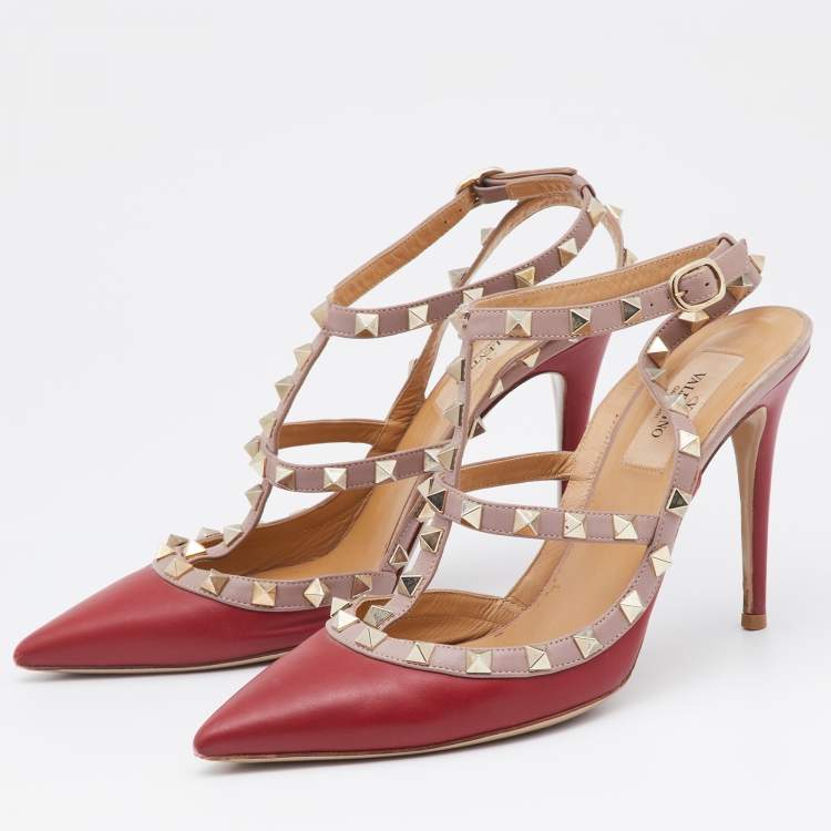 Pre Owned Valentino Red/Pink Leather Rockstud Pumps Size 38.5