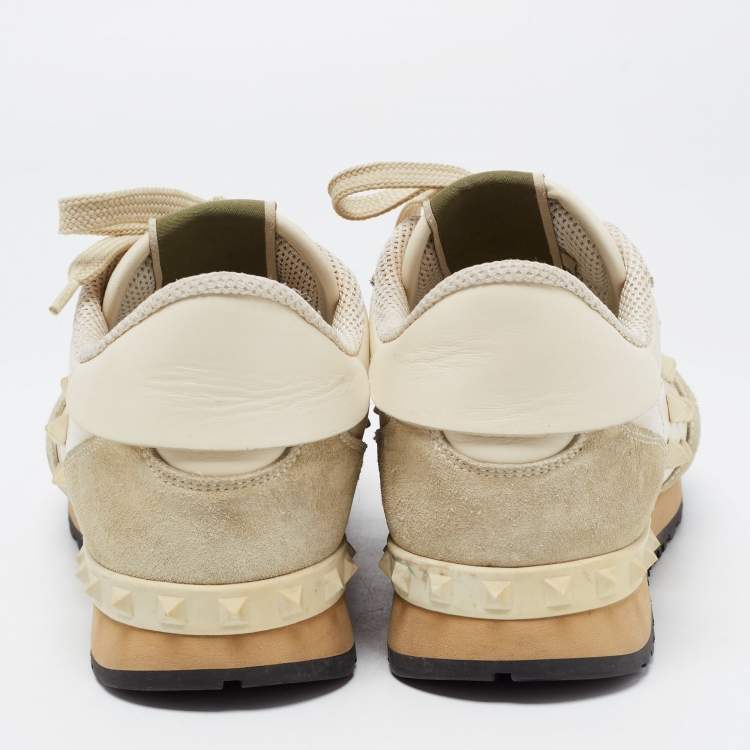 Pre Owned Valentino Cream/Grey Leather and Suede Rockstud Sneakers Size 37
