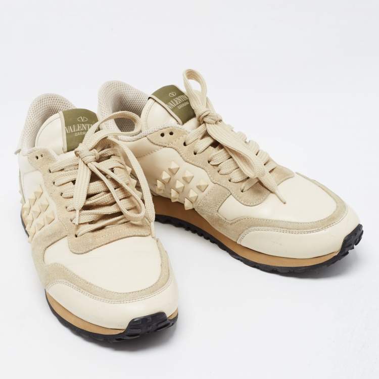 Pre Owned Valentino Cream/Grey Leather and Suede Rockstud Sneakers Size 37
