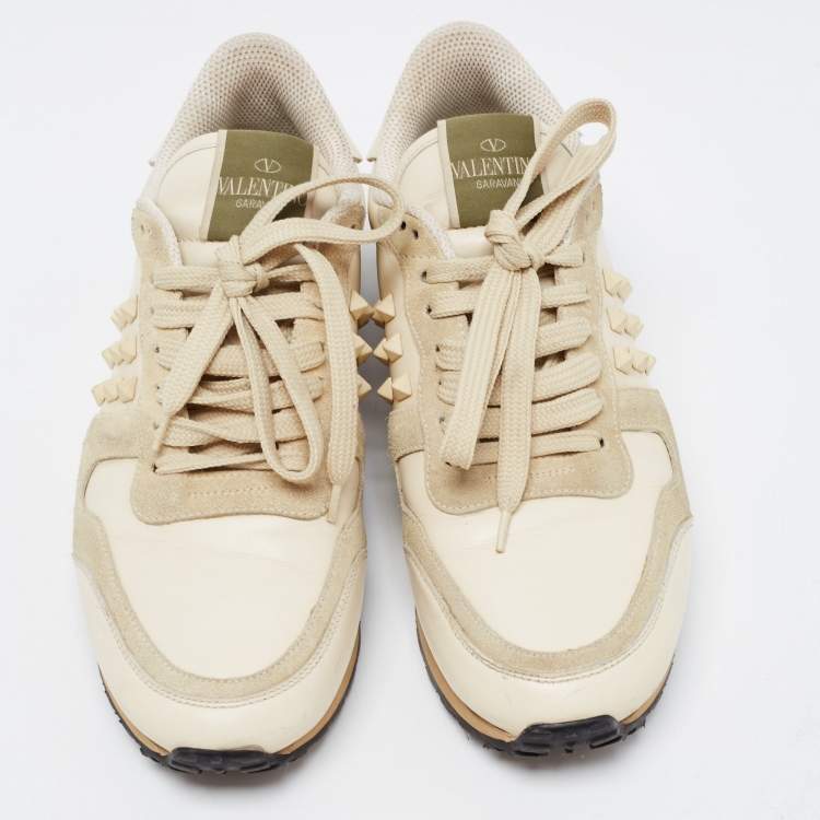 Pre Owned Valentino Cream/Grey Leather and Suede Rockstud Sneakers Size 37