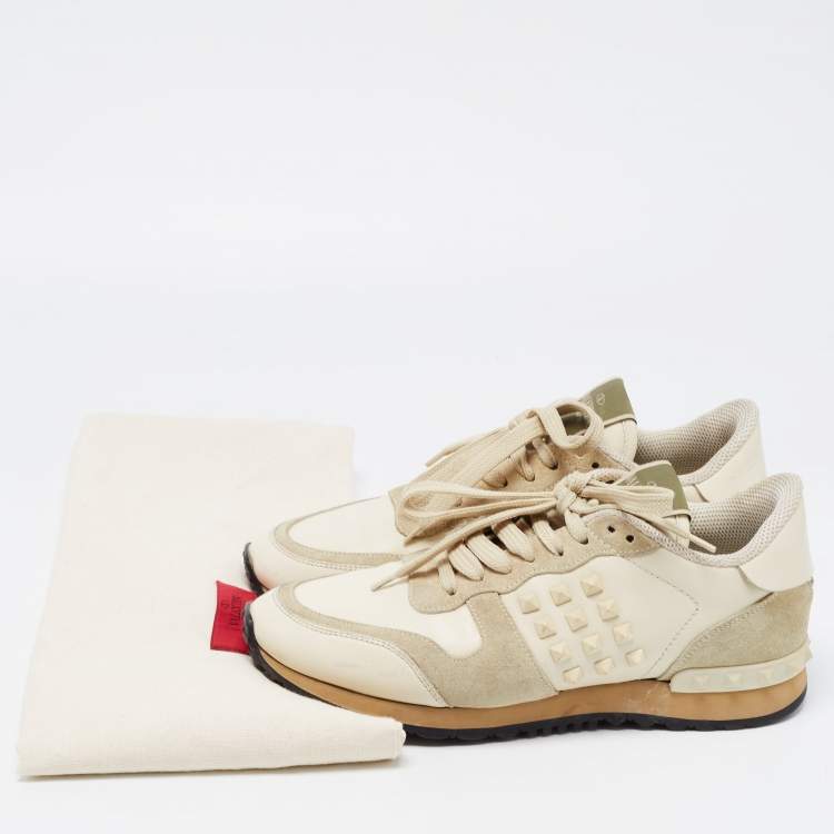 Pre Owned Valentino Cream/Grey Leather and Suede Rockstud Sneakers Size 37