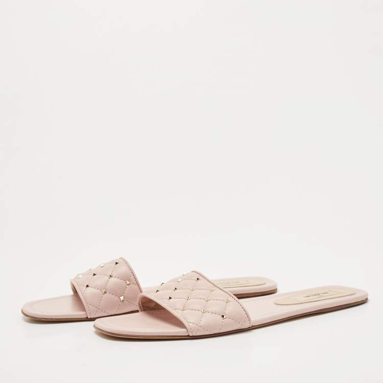 Pre Owned Valentino Pink Quilted Leather Rockstud Spike Slide Flats Size 40